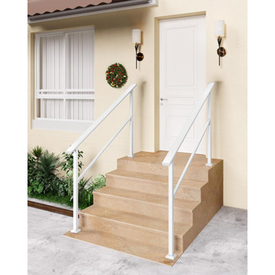 Adjustable Handrail for Outdoor Stairs & Porch – White Aluminum Railing with Steel Posts – Stair Banister for 4 Steps – Weather-Resistant Wall Mounted Safety Grab Bar for Garden, Deck, Indoor