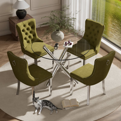 5-Piece Modern Round Pedestal Dining Set with Velvet Tufted Dining Chair for Dining Room and Living Room