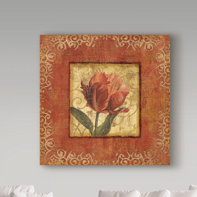 «Red and Gold Flower I», reproduction d'impression sur toile tendue, H 14 po x l 14 po x P 2 po