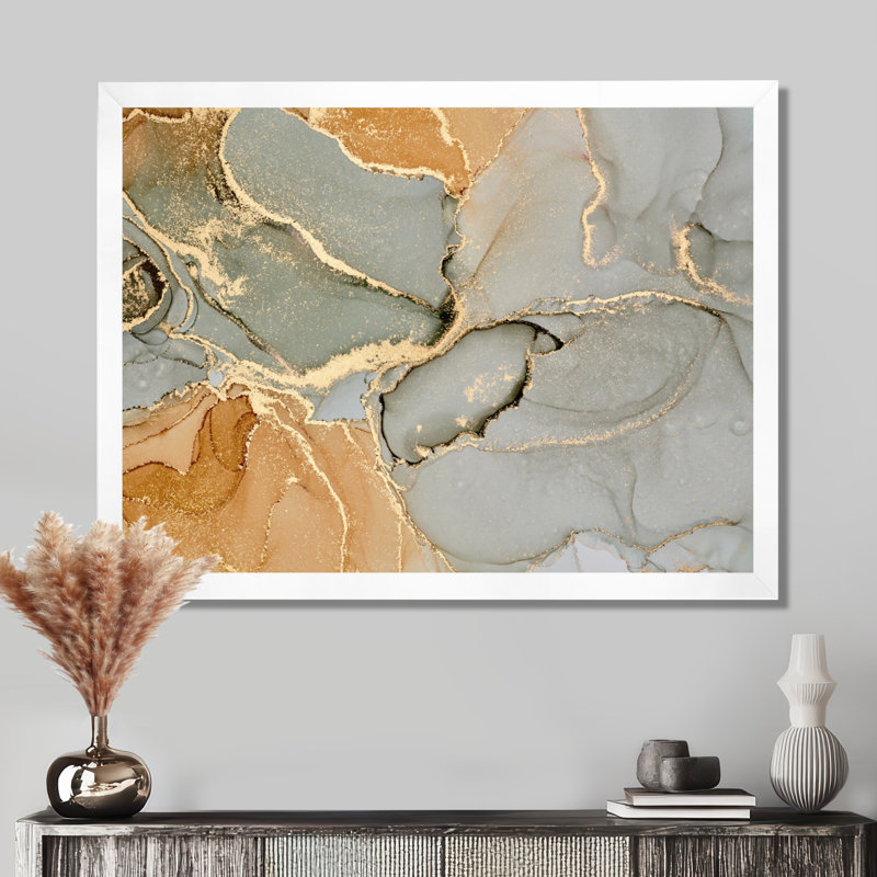 «Brown Luxury Abstract Fluid IV», peinture sur toile, Impression encadrée, H 12 po x l 20 po, Blanc