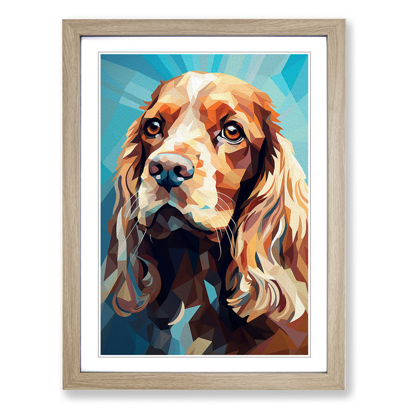 Cocker Spaniel Geometric - Single Picture Frame Print on Wood, 64cm H x 46cm W x 2cm D, Oak