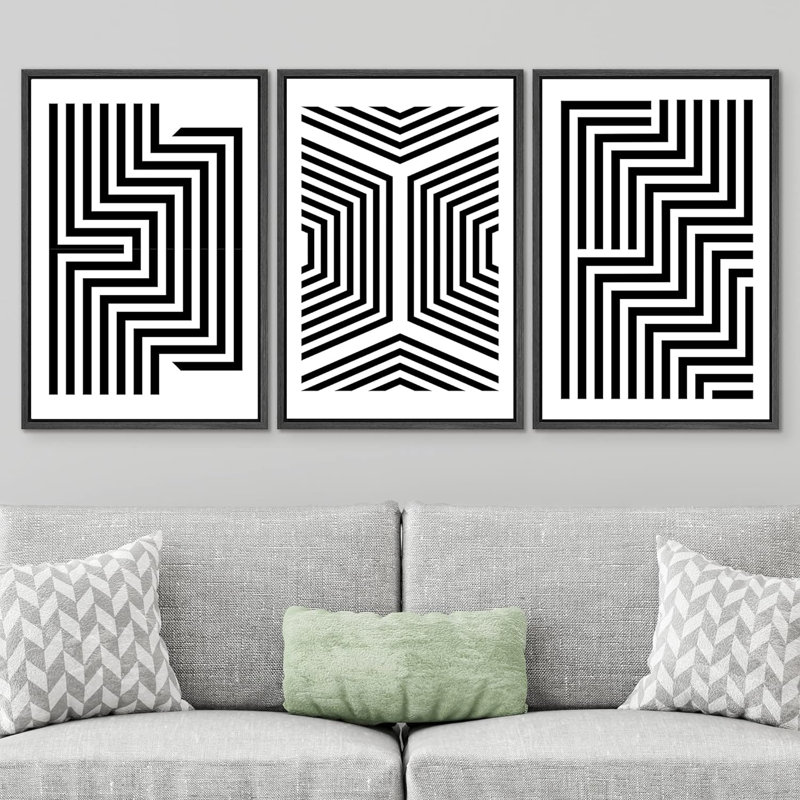 Linear Geometry " Black And White Stripes And Lines Geometric Patterns Abstract Shape Illustration Modern Art Chic " 3 - Pieces