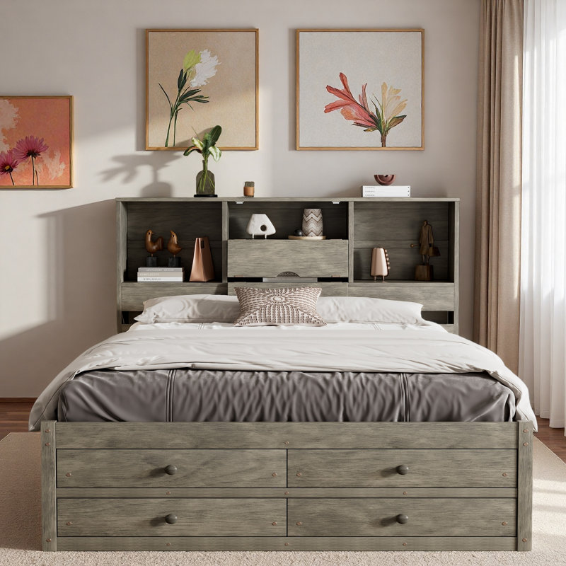 Lit plateforme avec tête de lit avec rangement et 8 tiroirs, Gris, Grand lit