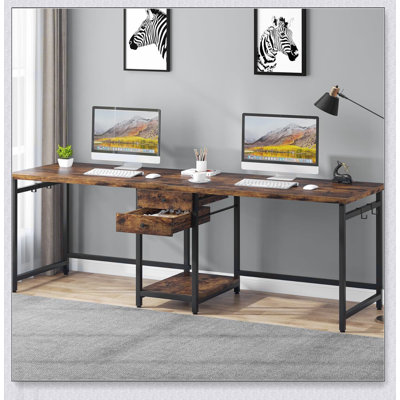 Bureau d'ordinateur 79 pouces pour deux personnes avec tiroirs et tablettes de rangement, table de travail double extra longue avec crochets, bureau d'écriture pour bureau personnel