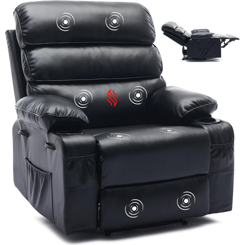 Extra Wide PU Leather Manual Recliner w/Massage & Heat, 350Lb Capacity, 3 Colors, Black