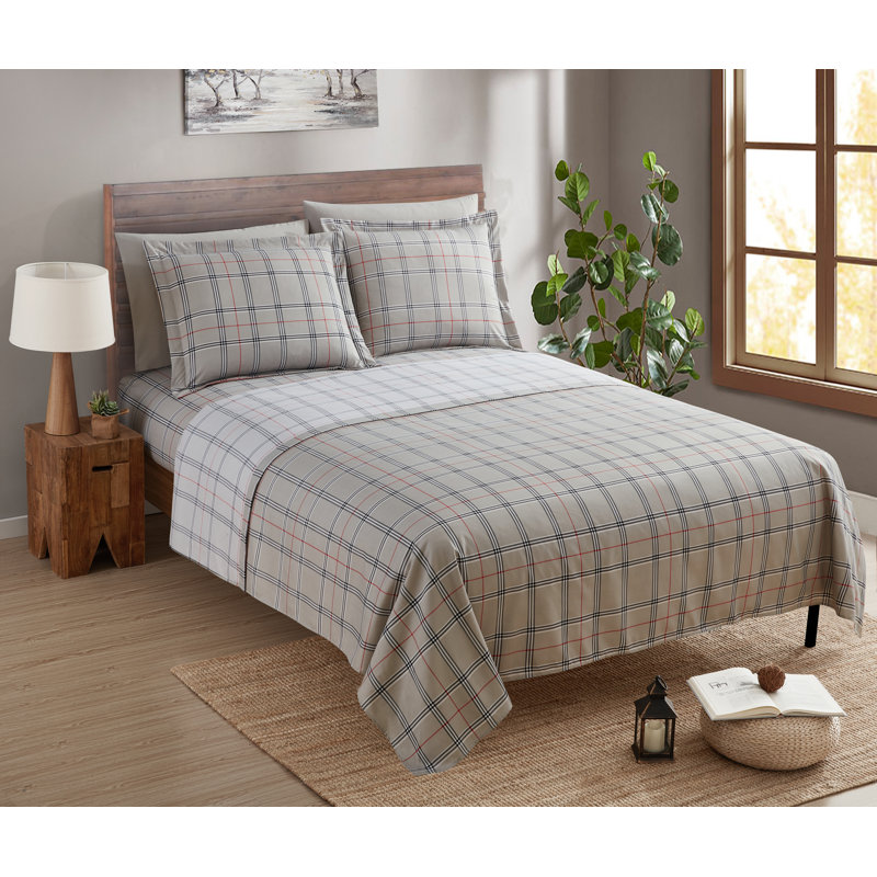 Ensemble de draps en microfibre ultra doux, Ensemble de draps pour lit double TG avec 4 taies , Tissu écossais gris