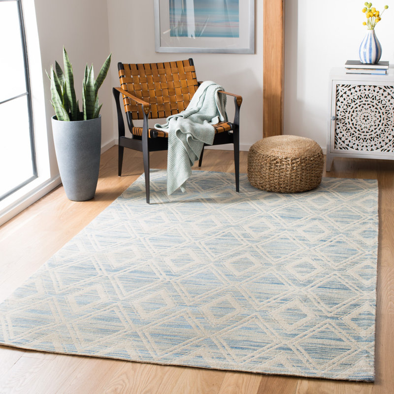 Tapis bleu foncé / ivoire à motif géométrique tissé à plat Amritpal, Rectangle 4 pi x 6 pi