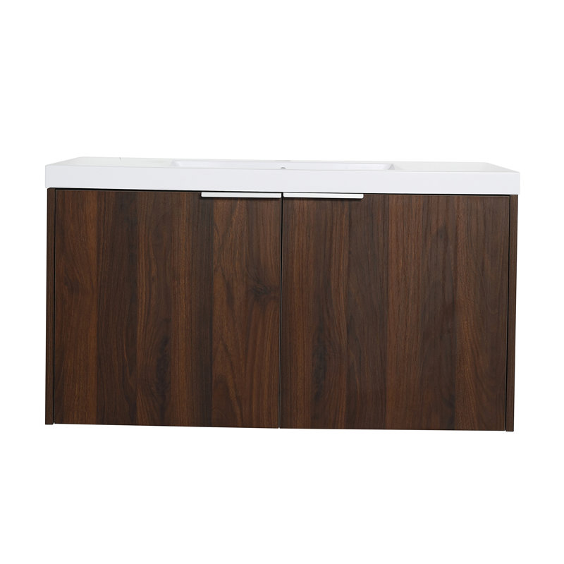 Meuble-lavabo mural simple avec plateau en résine et armoire de salle de bain 35,4 po Rajkumar, Chêne imitation foncé