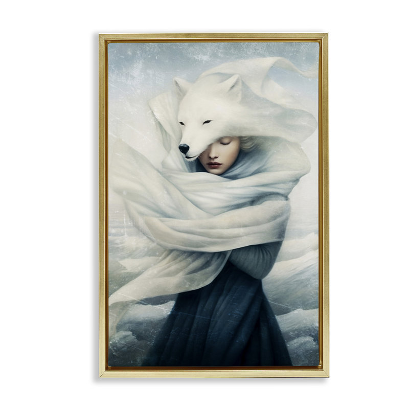 «Wolf Swathed Woman», toile flottante encadrée par Paula Belle Flores, Cadre flottant métallique doré, H 25 po x l 17 po