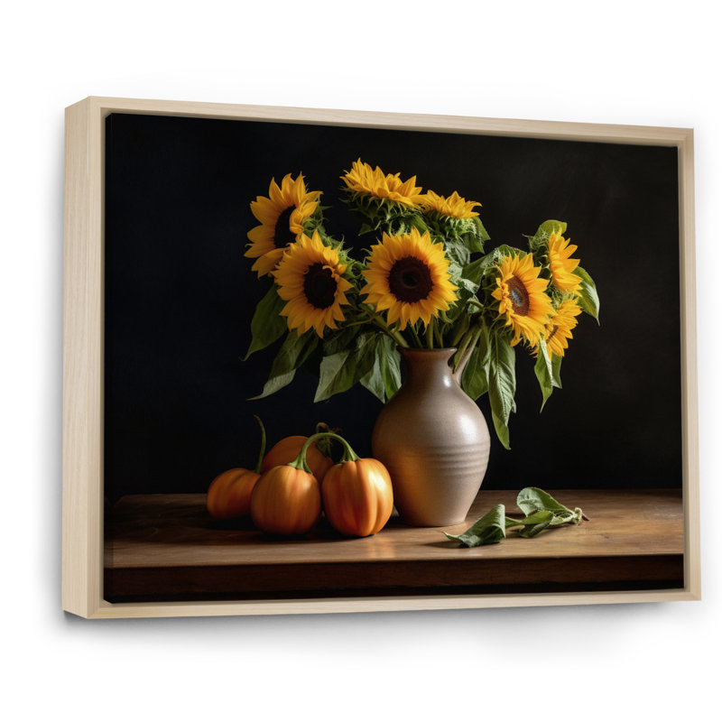 «Golden Sunflower Still Life I», reproduction sur toile, H 30 po x l 40 po x P 1,5 po, Cadre naturel flottant