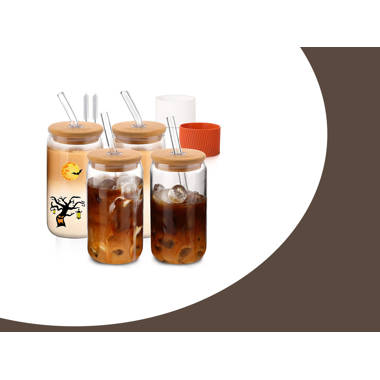  Drinking Glasses with Glass Straw and Bamboo Lids-4Pcs 16oz Can  Shaped Glass Cups,2 Cleaning Brushes,Beer Glasses,Ideal for Whiskey,Cute  Tumbler Cup,Iced Coffee Glasses,Cocktail,Soda, Tea,Gift : Home & Kitchen