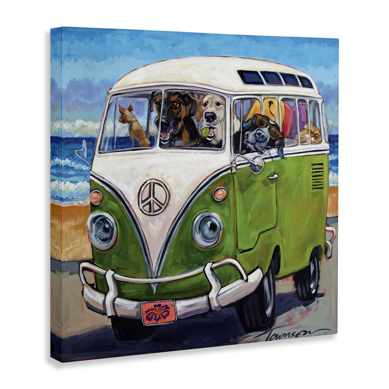 Dogs Driving Retro Van Summer Beach Trip, 30" H x 30" W 