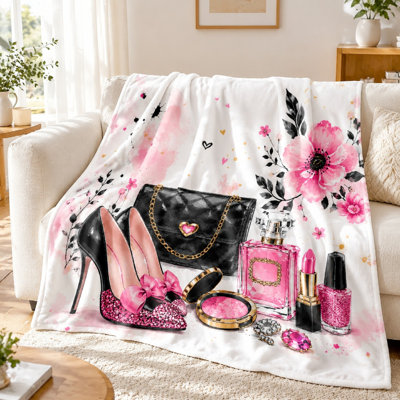 1Pcs Fashionable Pink Floral Design Quilt for Bedroom Decor;Chic Parisian Style with High Heels, Perfume, and Makeup AccentsSoft Cozy All SeasonsElegant Home Textile a Stylish Living SpacePerfect Women's Room. Bedding sofa