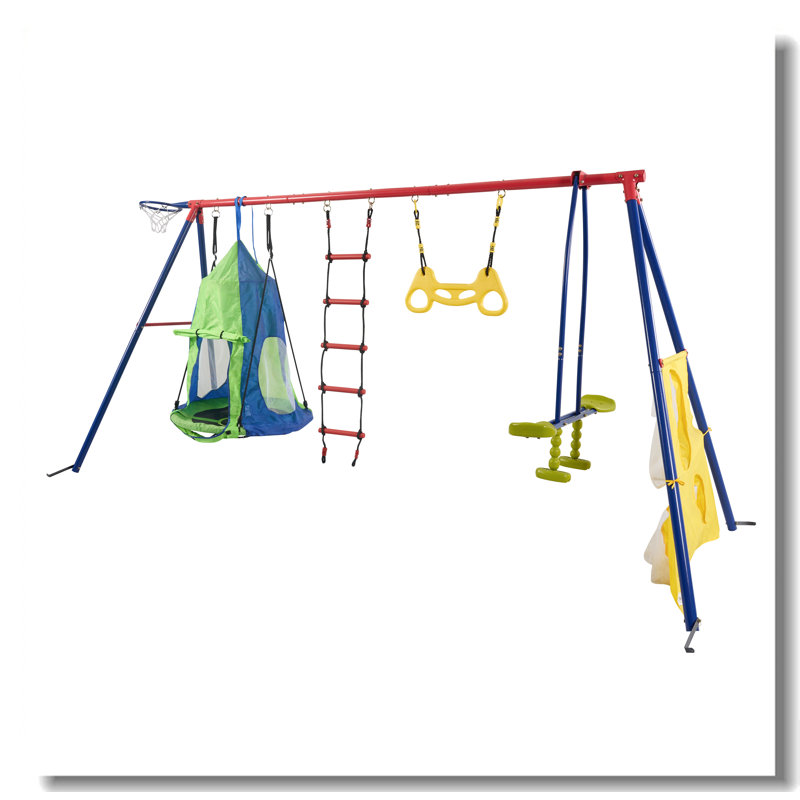Rinbow Colour Interesting Four Function Swingset With Net Swing And Face To Face Metal Plastic Safe Swing Seat 550Lbs For Outdoor Playground For Age 3+