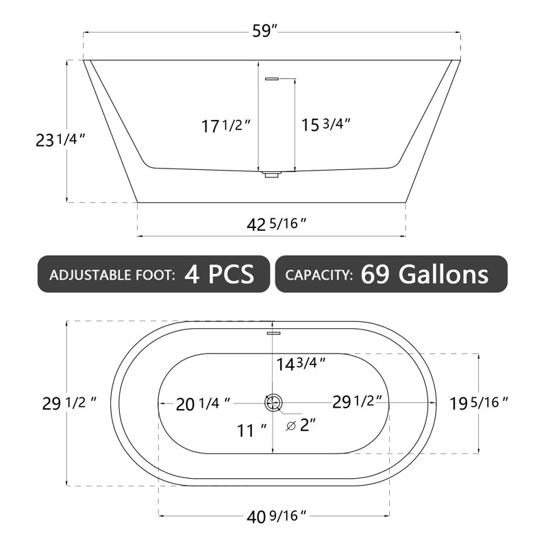 Baignoire de trempage autoportante 59 po x 30 po en acrylique mat gris moderne autoportant 59 po x 30 po