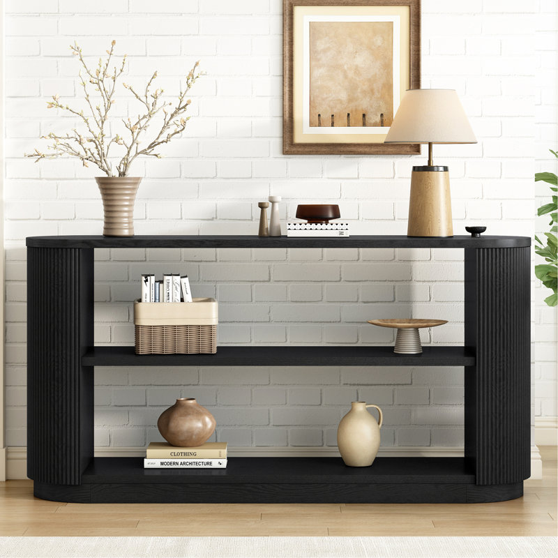 Console Modern Modern - Table de canapé mince avec tablette ouverte et grain de bois élégant, Noir