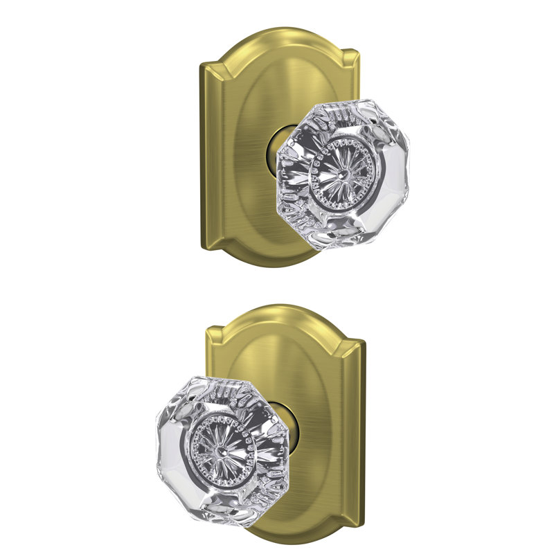 Custom Alexandria Non-Turning Glass Knob with Camelot Trim, Satin Brass
