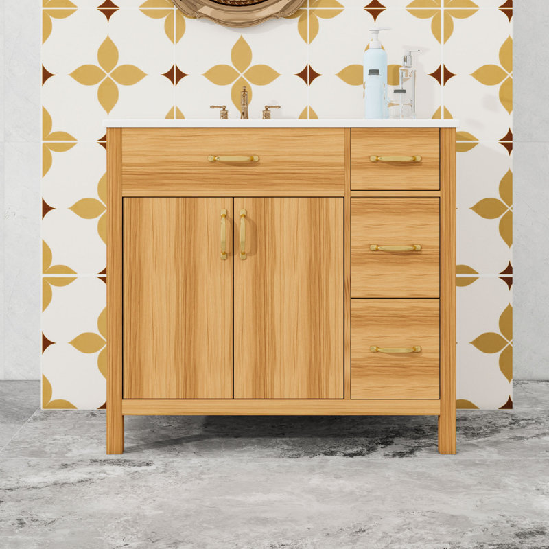 Meuble-lavabo en bois avec lavabo, 3 tiroirs et tablette réglable en forme de U