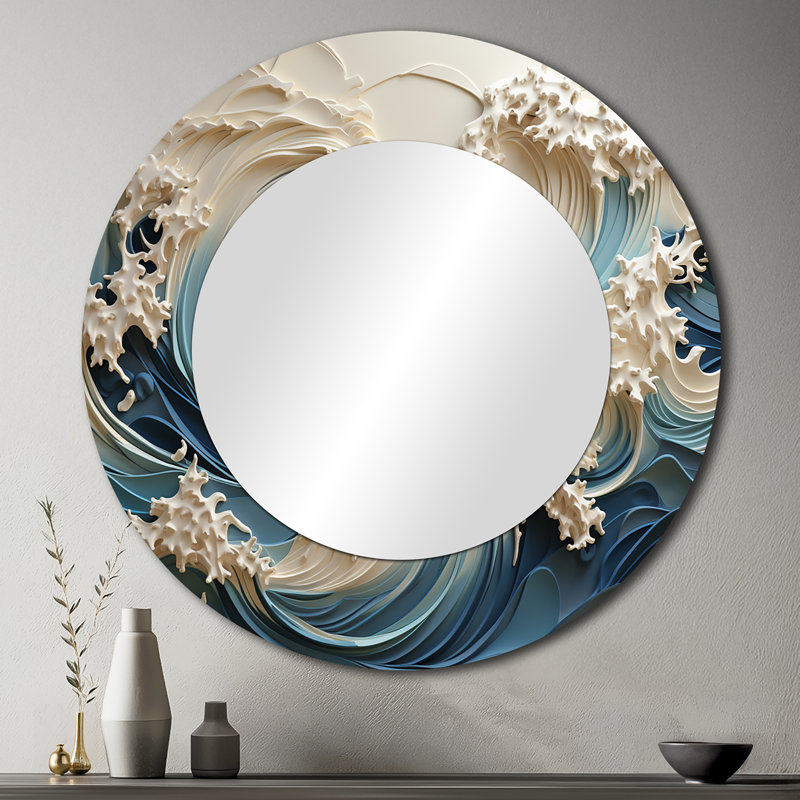 Miroir rond en métal White Wave Papercut Style III - Coastal Waves, 36 po x 36 po