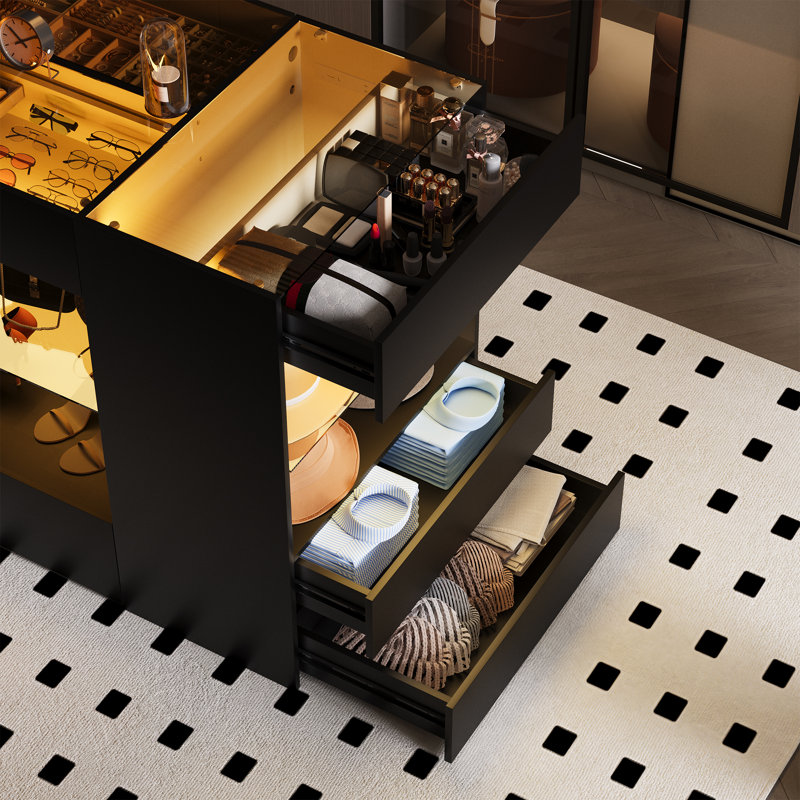 Modern Closet Island with Showcase, LED Lighting and Ample Storage, Black