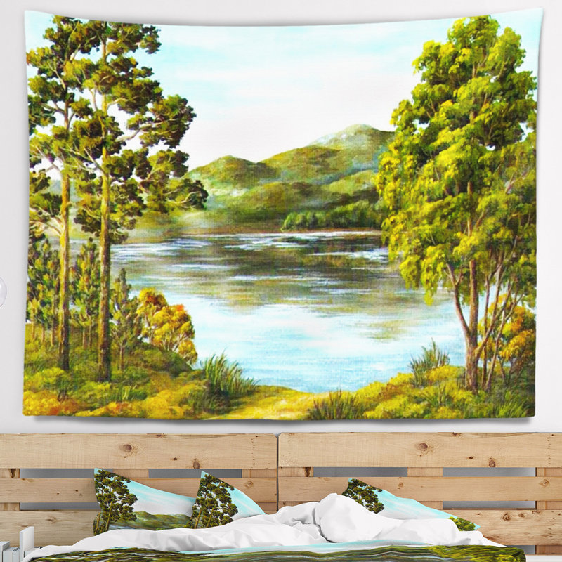 Lac de montagne de paysage avec la tapisserie d'eau bleue, H 32 po x l 39 po