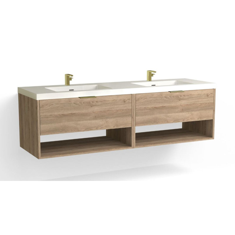 Modo 72" W Wall Mounted Double Bathroom Vanity, White Acrylic, Satin Brass, Glossy White/Single