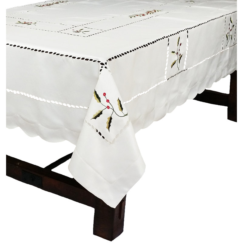 Holly Berry Embroidered Cutwork Tablecloth, 120" L x 72" W