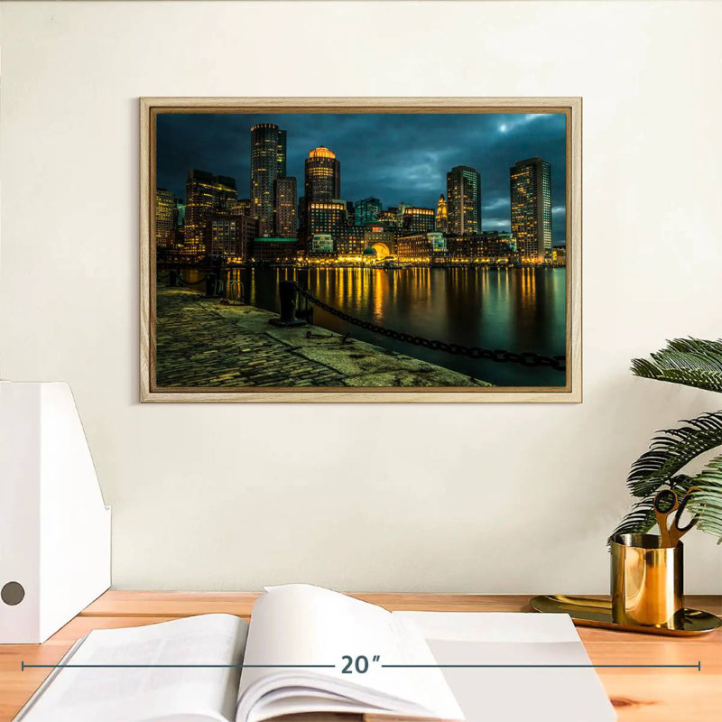 Silhouette de Boston la nuit, 13 po x 9 po, Cadre flottant en bois naturel