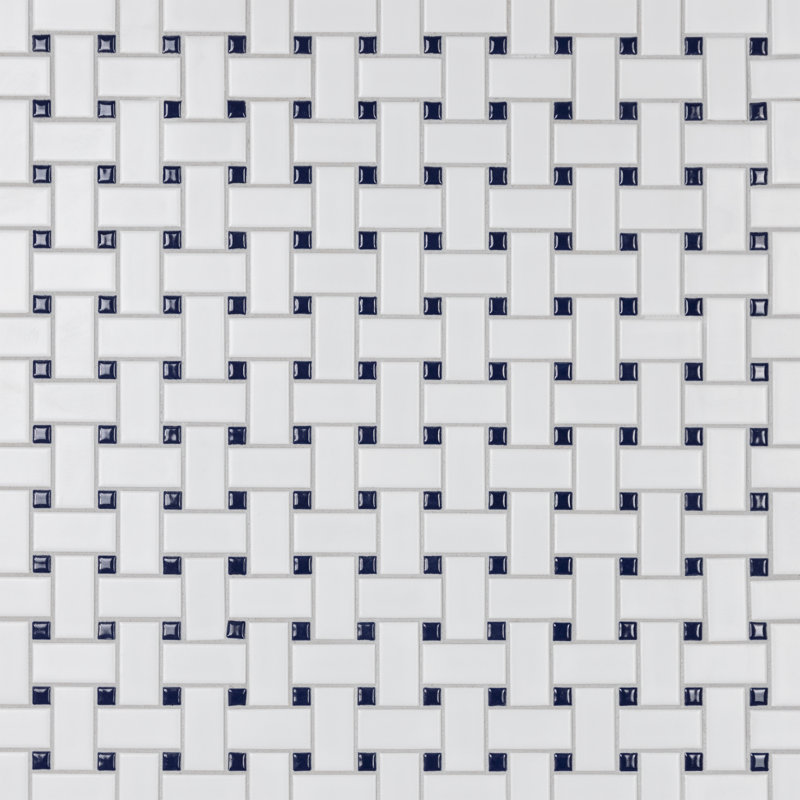 Metro 1.32" x 2" Porcelain Basketweave Mosaic Wall & Floor Tile, White/Cobalt Blue