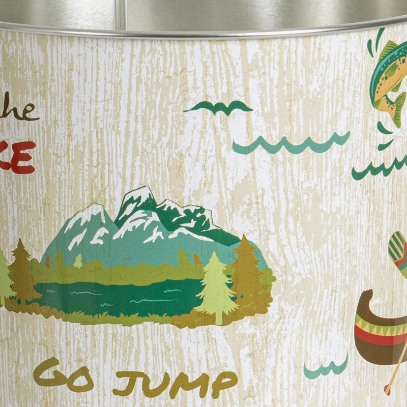 Teal and Beige Metal Outdoor-Themed Wastebasket