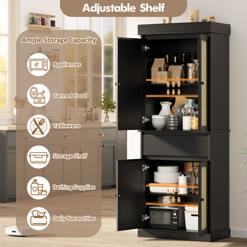 Garde-manger 69 po avec tiroir, 2 tablettes réglables et 4 portes en rotin, armoire de rangement pour la cuisine de ferme