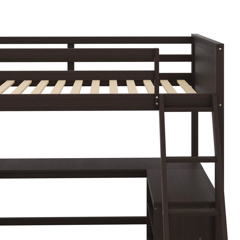 Lit mezzanine simple avec tablettes et bureau, lit mezzanine en bois avec bureau, Espresso