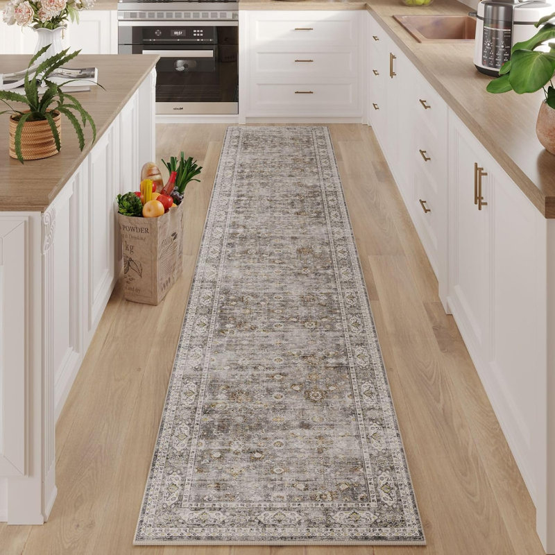 Washable Floral Kitchen Runner Rugs, Gray, Runner 2' x 10'