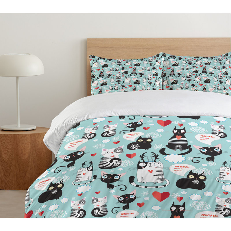 Queen Size Black and White Cat Print Duvet Cover Set