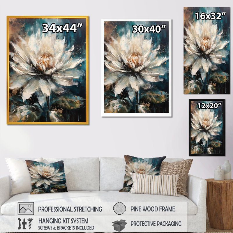 «Cream Lotus Floral Melody II», reproduction sur toile encadrée, H 20 po x l 12 po x P 1 po, Cadre photo noir