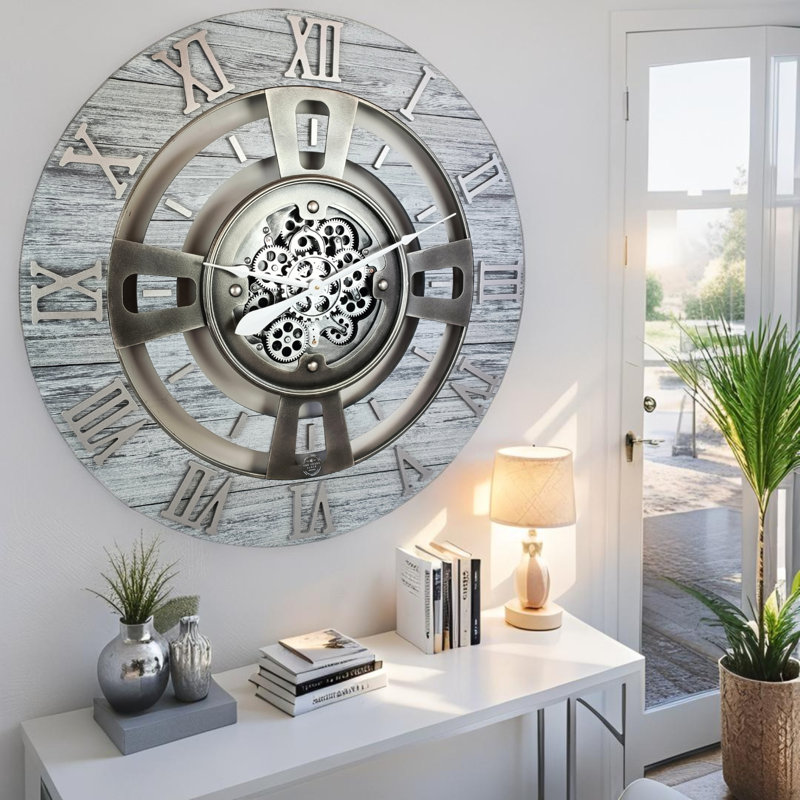 Wall Clock 24" Oversized for Living Room decor with Real Moving Gears England Collection, Silver Gray