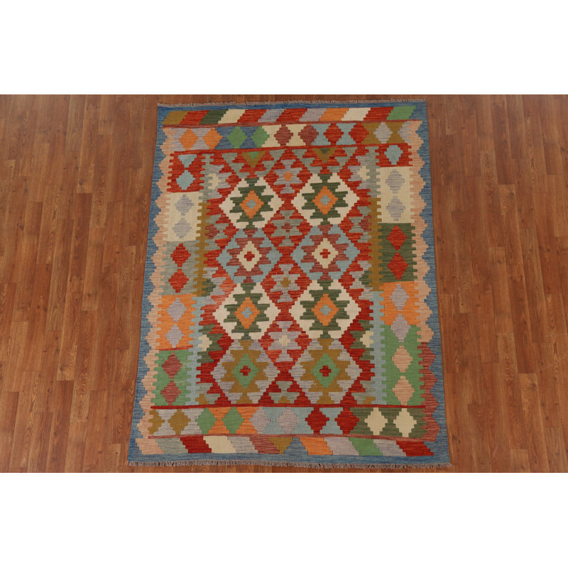 Geometric Handmade Flatweave Rectangle 4'9" x 6'4" Wool Area Rug in Red/Blue/Orange
