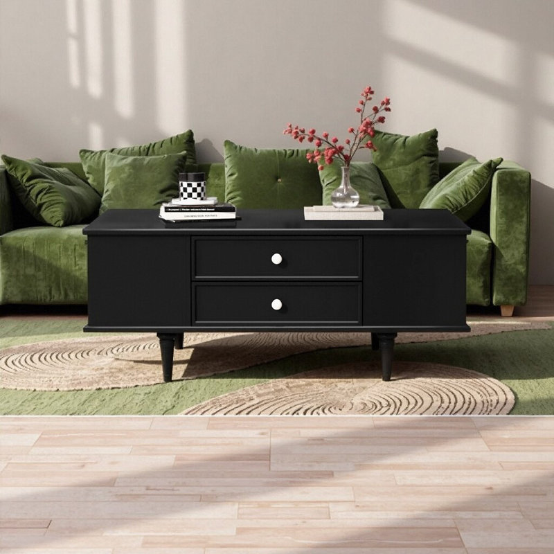 Modern Rectangle Coffee Table with Four Drawers, Two Side Hidden Storage Compartments, 47.2" Wood Coffee Table with Metal Handles and Four Solid Wood Legs for Living Room