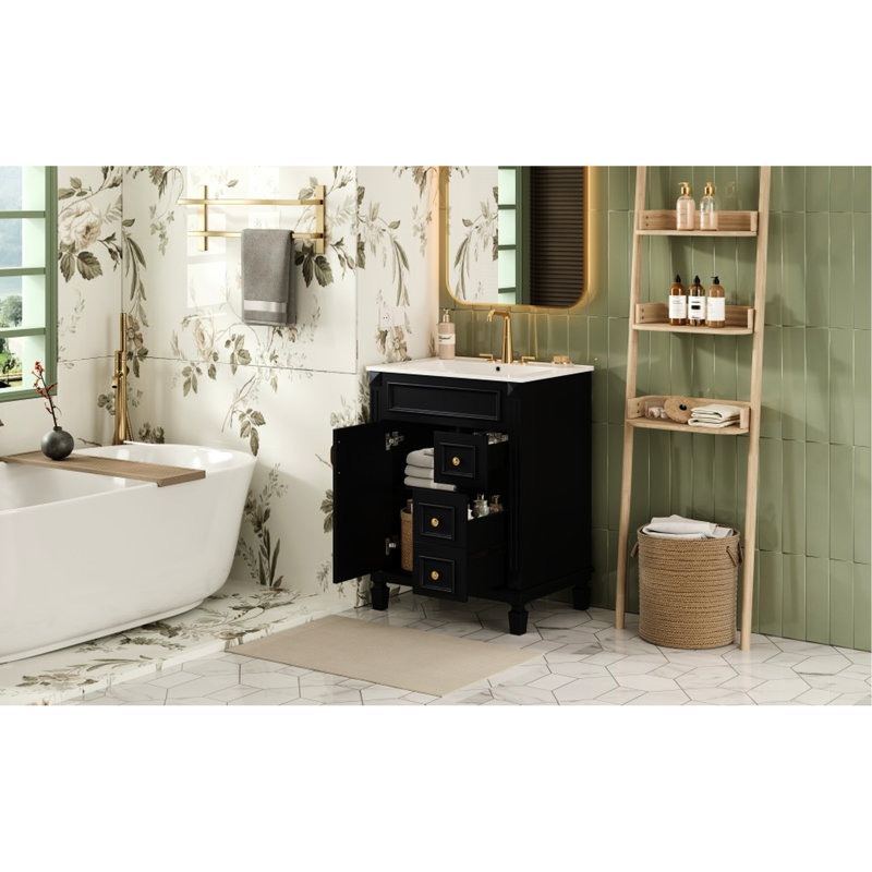 Meuble-lavabo de 61 cm avec lavabo en céramique, 2 tiroirs et tablette réglable - Idéal pour les petites salles de bain, design moderne et silencieux, format compact de 61 cm, poignées rétro et sculptures à rayures françaises.