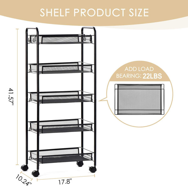 Costway Chariot à roulettes en maille à 5 niveaux, tablettes en grillage en  métal, chariot à roulettes avec roues verrouillables, organiseur pour  chariots de rangement à 5 tiroirs