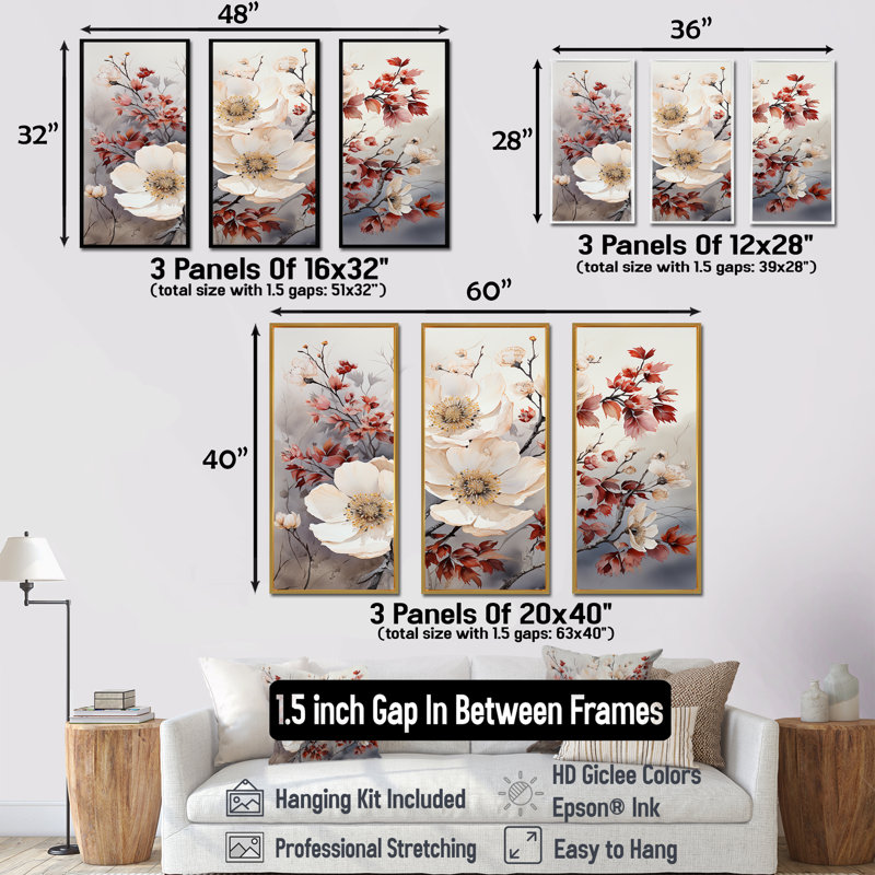 Fleurs saisonnières «Charm in Winter» - ensemble d'art mural sur toile, Cadre flottant noir, H 40 po x l 60 po x P 1 po