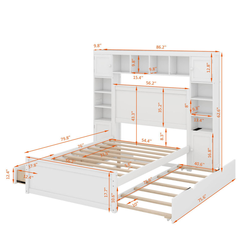 Lit double en bois avec armoire, tablette et prises, lit gigogne simple, Blanc