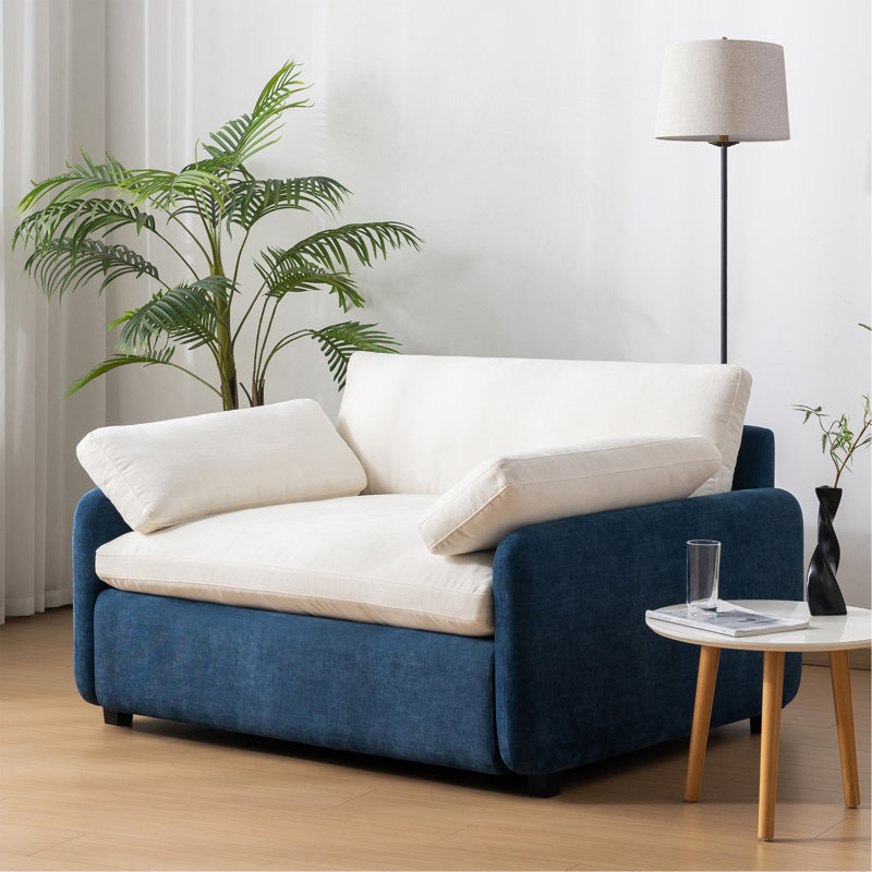 Oversized Chenille Single Sofa Chair,Wide and Deep Seat Accent Chair,Modern Upholstered Armchair, Blue/Cream