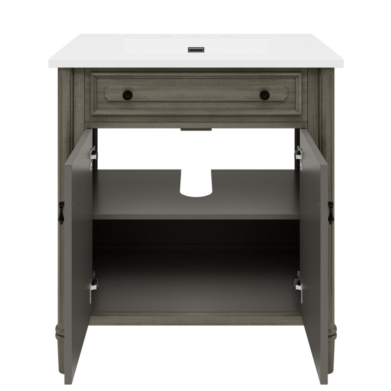 31-Inch Antique Gray Bathroom Vanity With Ceramic Sink, Adjustable Storage, And Grooved Cylindrical Legs, Antique Gray