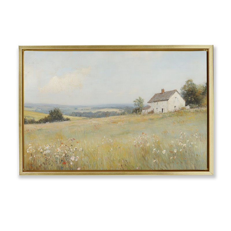 Cadre flottant Little House Prairie Landscape, par Petal Prints Design, H 17 po x l 25 po, Cadre flottant métallique doré
