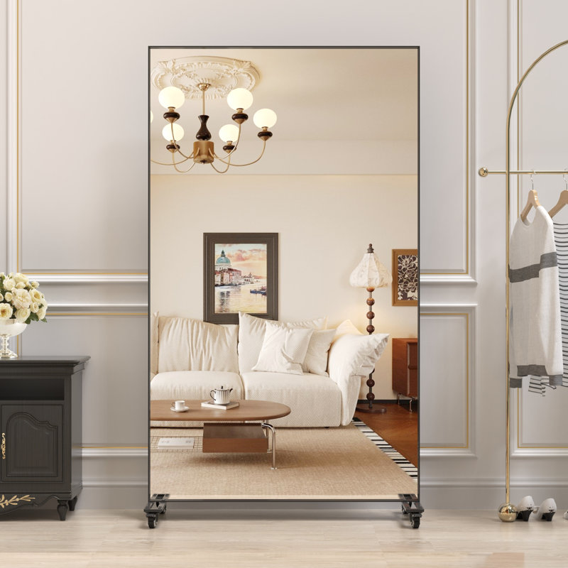 67X40 Inch Oversized Floor Mirror, Black Square Hanging Mirror With Wheels, Metal Frame, High - Quality