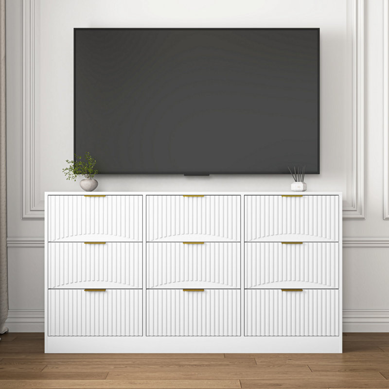Commode 9 tiroirs, commode en bois pour chambre à coucher, Blanc