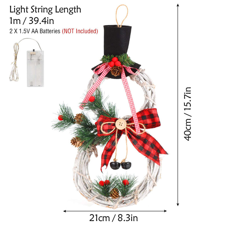 Décoration de Noël couronne de bonhomme de neige avec chapeau et nœud pour porte d'entrée, Rouge