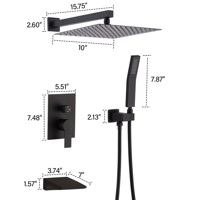 Système de douche à robinet équilibré avec tête de pluie noire matte de 10 pouces - fixation murale