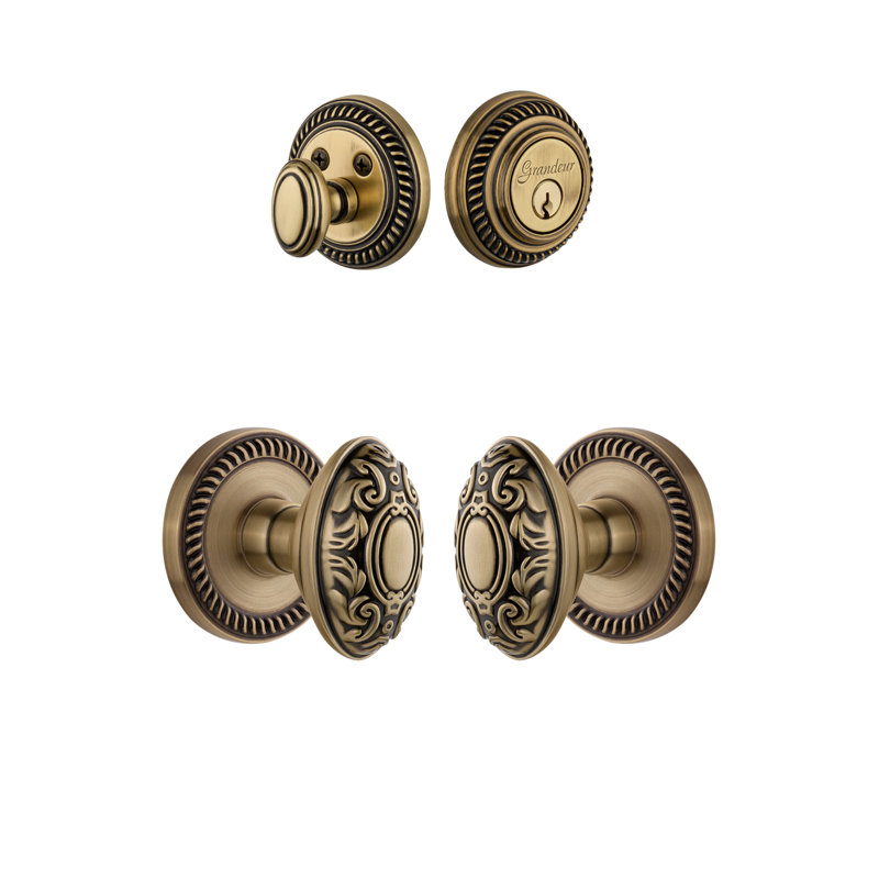 Ensemble d'entrée complet Newette Rosette avec pêne dormant cylindrique simple et bouton Grande Victorian, Laiton rétro